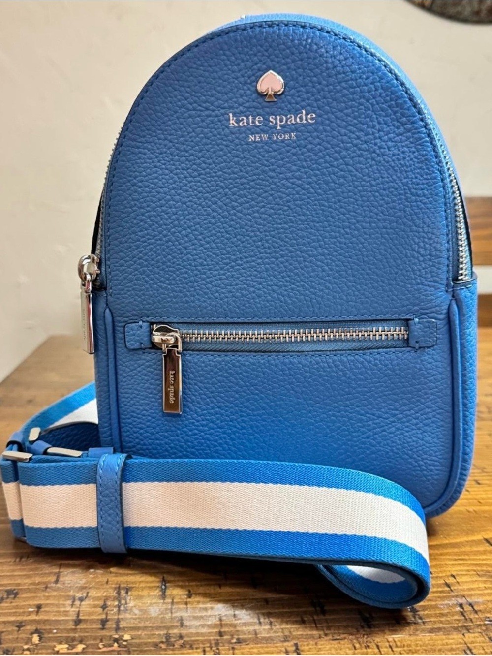 kate spade Blue Pebbled Leather Mini Backpack with Striped Strap